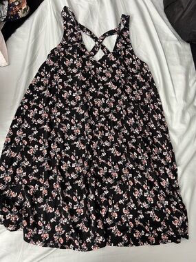 Black Floral Cross-Back Sundress with Pink/White Blossoms